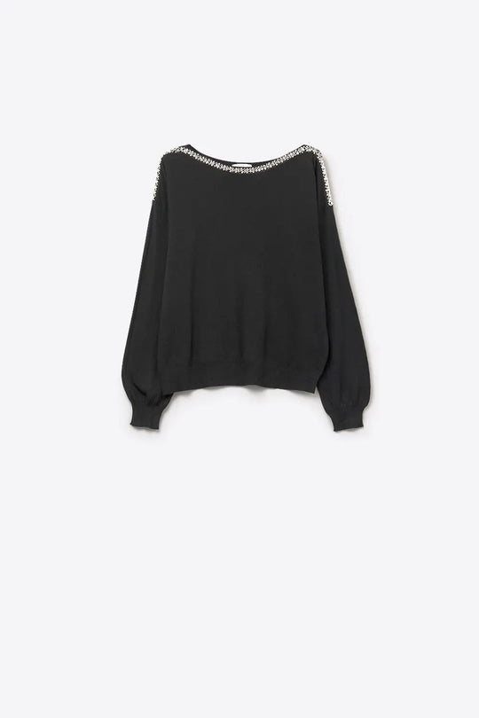 black fine knit sweater with a boat neck and rhinestone detail - BLACK / ONE - Sweaters