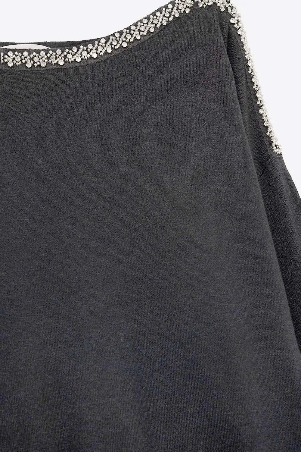 black fine knit sweater with a boat neck and rhinestone detail - BLACK / ONE - Sweaters