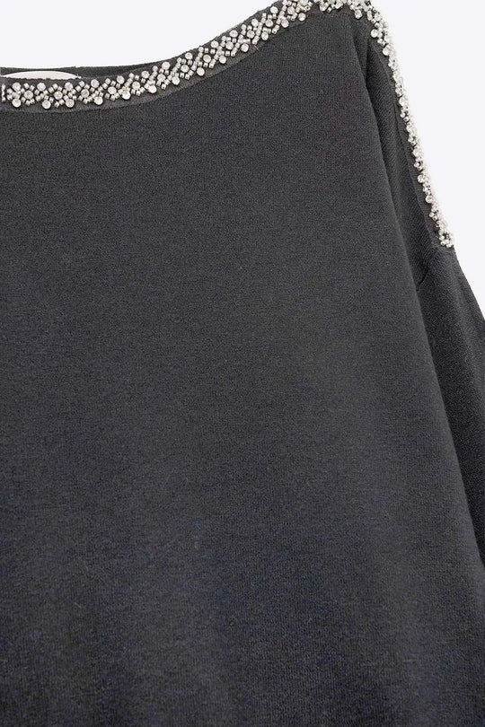 black fine knit sweater with a boat neck and rhinestone detail - BLACK / ONE - Sweaters