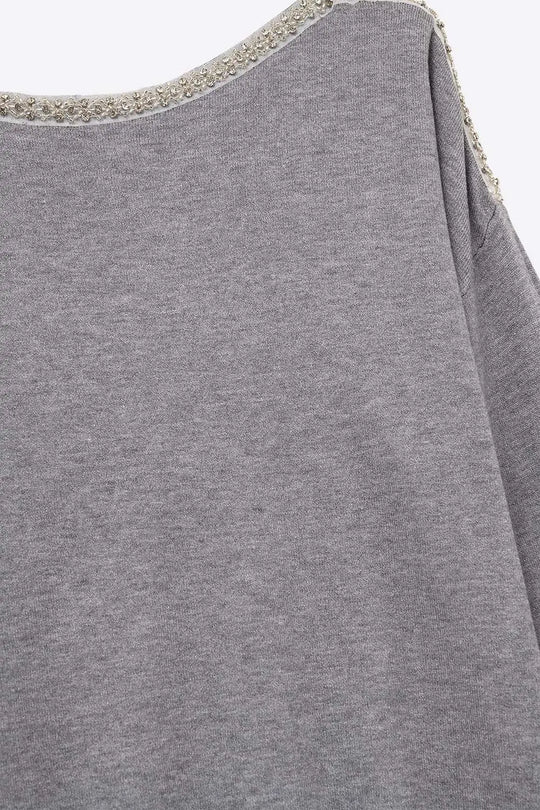 grey fine knit sweater with a boat neck and rhinestone detail - GRAY / ONE - Sweaters