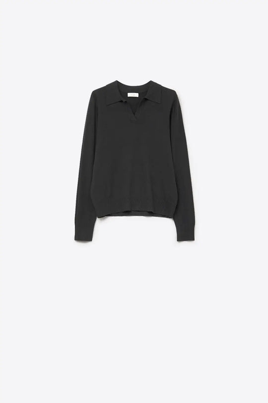 Black Knitted polo collar with V-neckline no button placket - BLACK / ONE - Polos