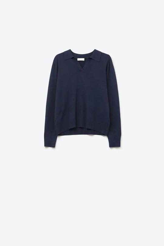 Navy Knitted polo collar with V-neckline no button placket - NAVY / ONE - Polos