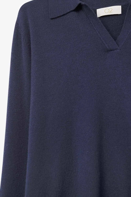 Navy Knitted polo collar with V-neckline no button placket - NAVY / ONE - Polos