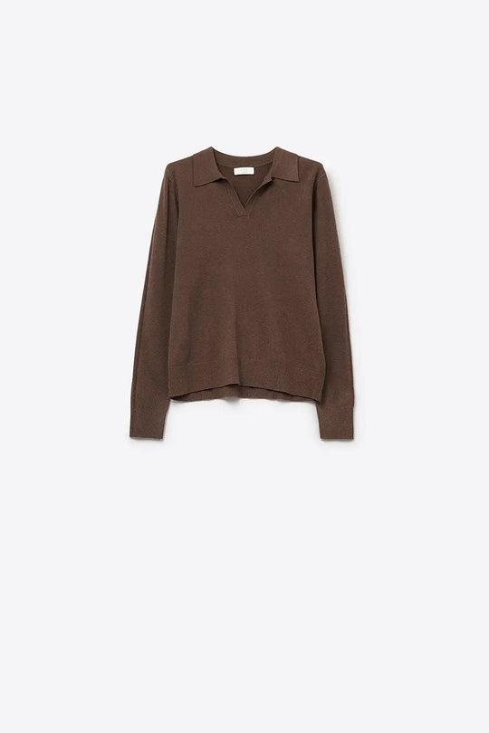 Knitted polo collar with V-neckline no button placket in brown - BROWN / ONE - Polos