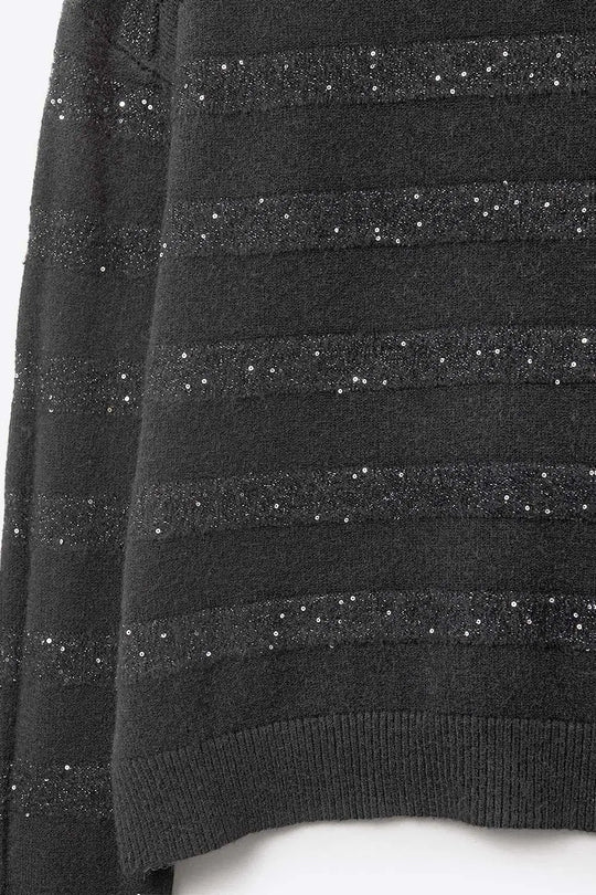 Black Striped Knit Sweater with Sequin Detail - BLACK / ONE - Sweaters
