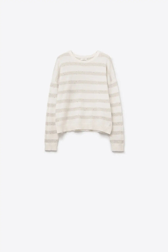 White Striped Knit Sweater with Sequin Detail - WHITE / ONE - Sweaters