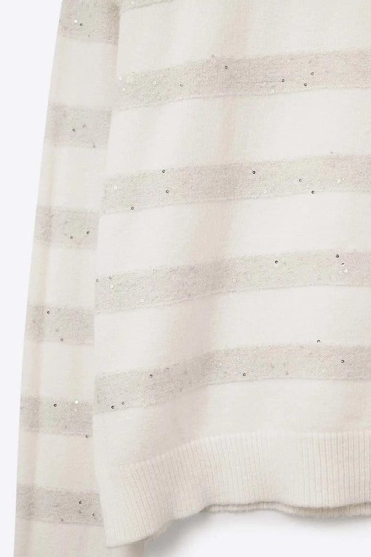 White Striped Knit Sweater with Sequin Detail - WHITE / ONE - Sweaters