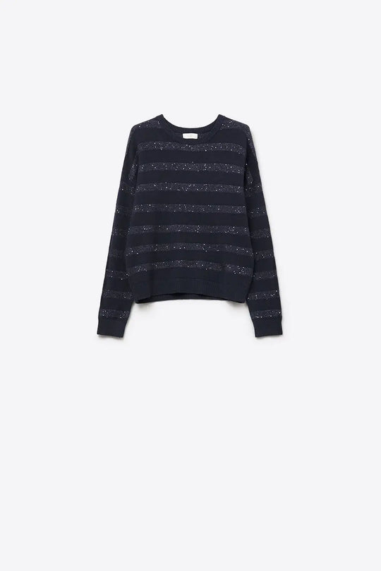 navy Striped Knit Sweater with Sequin Detail - NAVY / ONE - Sweaters