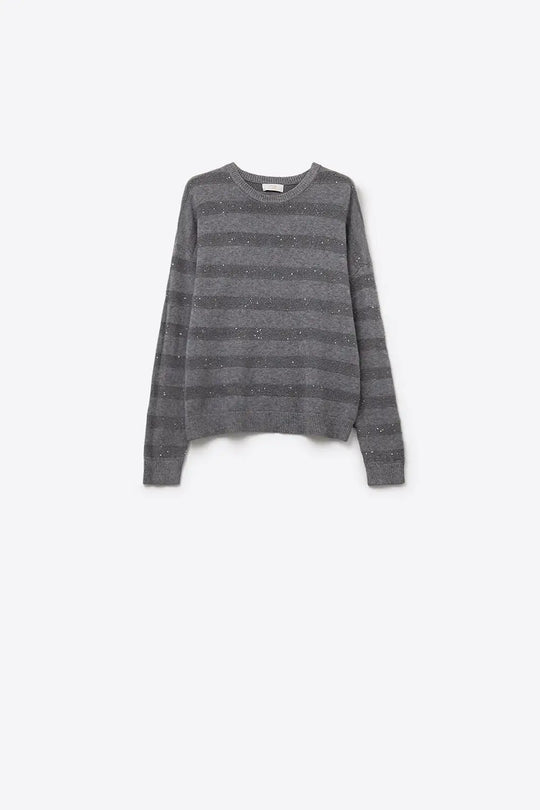 grey Striped Knit Sweater with Sequin Detail - GRAY / ONE - Sweaters