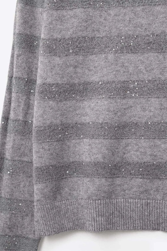 grey Striped Knit Sweater with Sequin Detail - GRAY / ONE - Sweaters