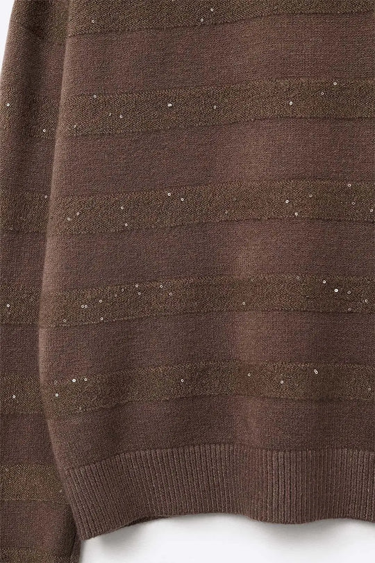 Brown Striped Knit Sweater with Sequin Detail - BROWN / ONE - Sweaters