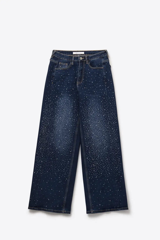 Wide Leg Denim Jeans with Rhinestone Detailing Front