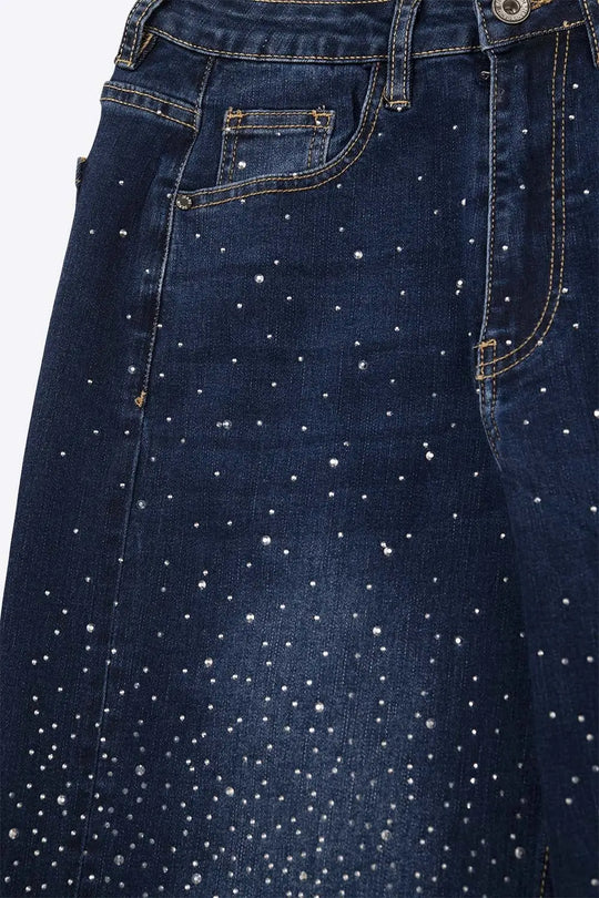 Wide Leg Denim Jeans with Rhinestone Detailing Front