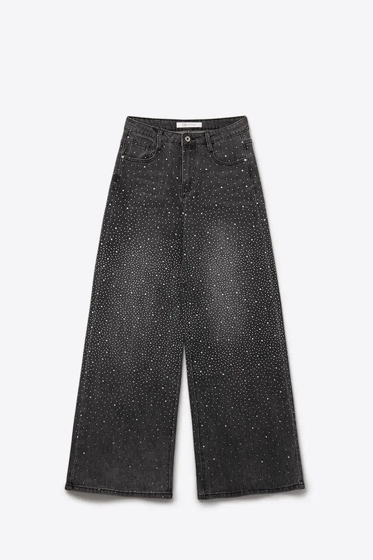 Black Rhinestone Wide-Leg Jeans