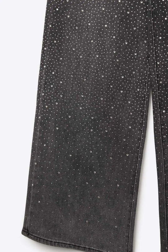Black Rhinestone Wide-Leg Jeans