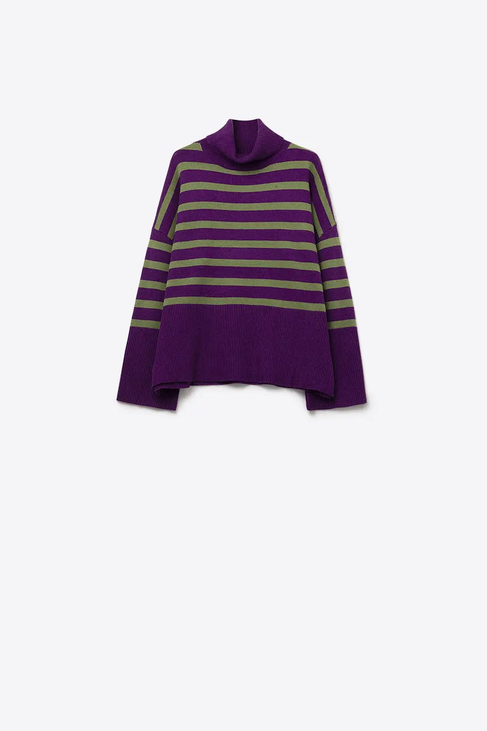 Purple oversized turtleneck sweater with green stripes and splits on the side - PURPLE / ONE - Sweaters