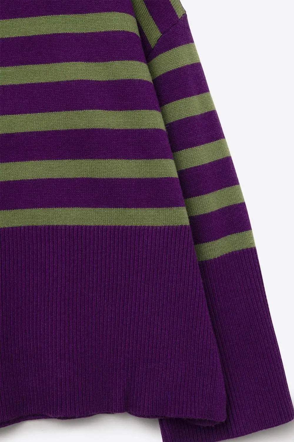 Purple oversized turtleneck sweater with green stripes and splits on the side - PURPLE / ONE - Sweaters
