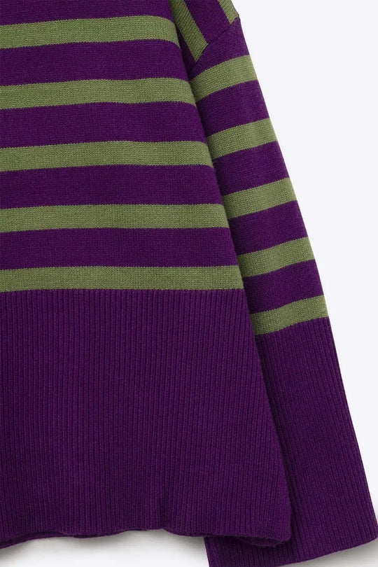 Purple oversized turtleneck sweater with green stripes and splits on the side - PURPLE / ONE - Sweaters