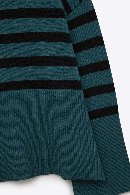 oversized turtleneck sweater with black stripes and splits on the side - GREEN / ONE - Sweaters