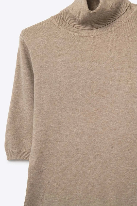 Fine knit sweater in beige with a high neck and elbow-length sleeves - BEIGE / ONE - Sweaters