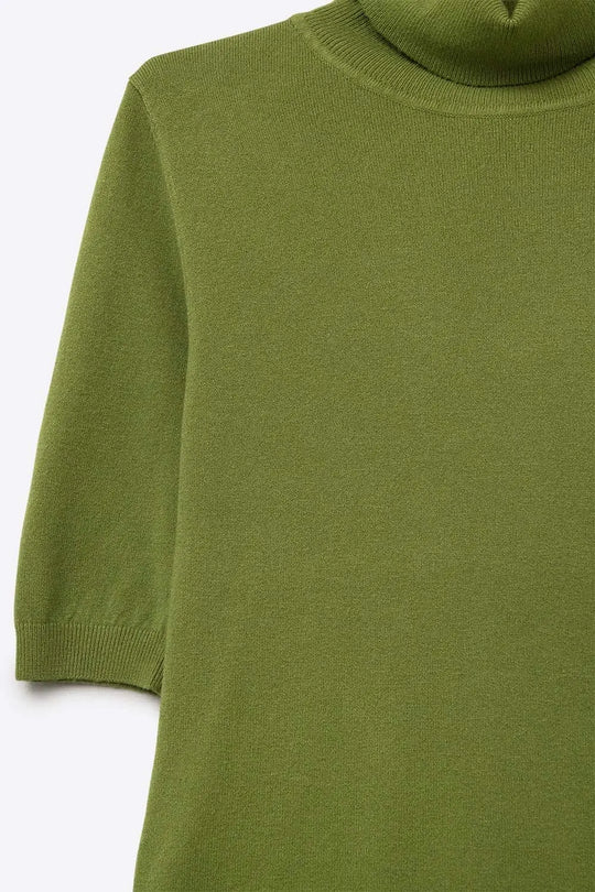 Fine knit sweater in olive green with a high neck and elbow-length sleeves - GREEN / ONE - Sweaters