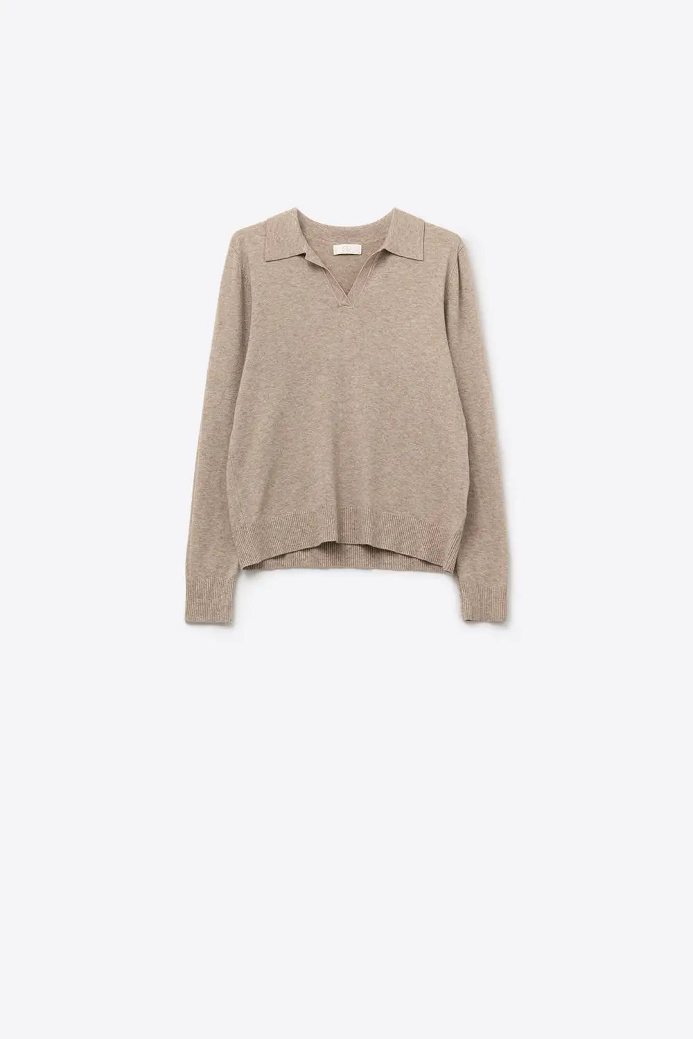 Beige Knitted polo collar with V-neckline no button placket - BEIGE / ONE - Polos
