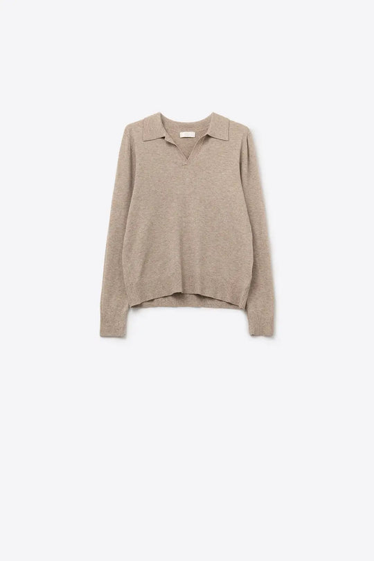 Beige Knitted polo collar with V-neckline no button placket - BEIGE / ONE - Polos