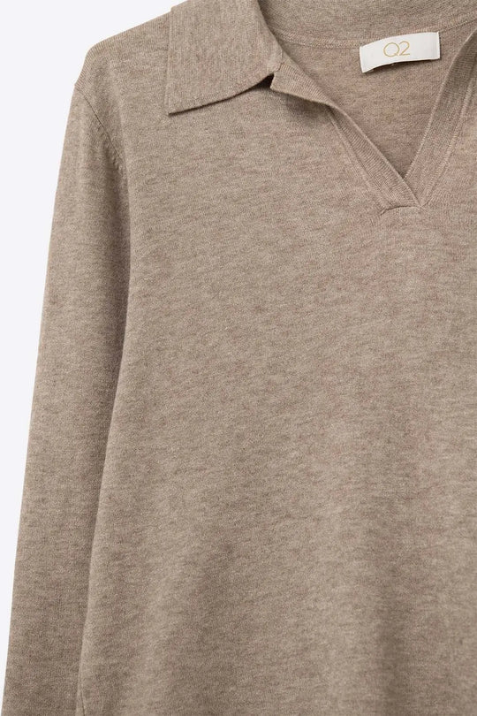 Beige Knitted polo collar with V-neckline no button placket - BEIGE / ONE - Polos