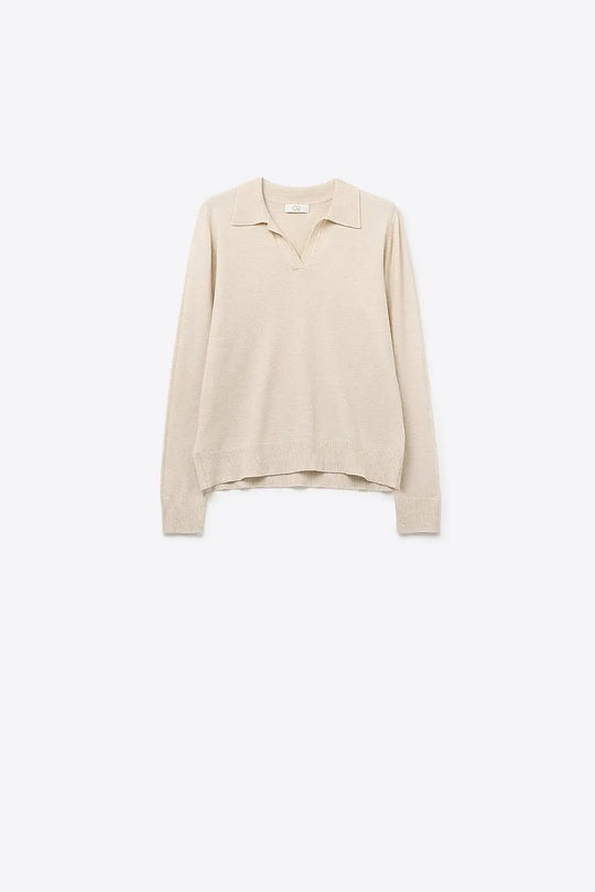 Knitted polo collar with V-neckline no button placket in cream - CREAM / ONE - Polos