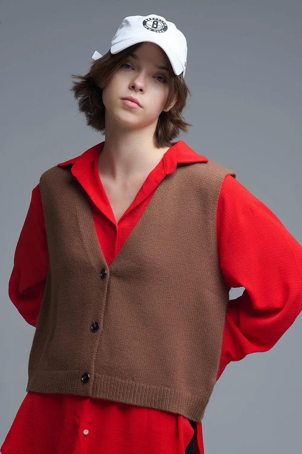 Knitted Cropped Vest in Chocolate Brown - Cardigans
