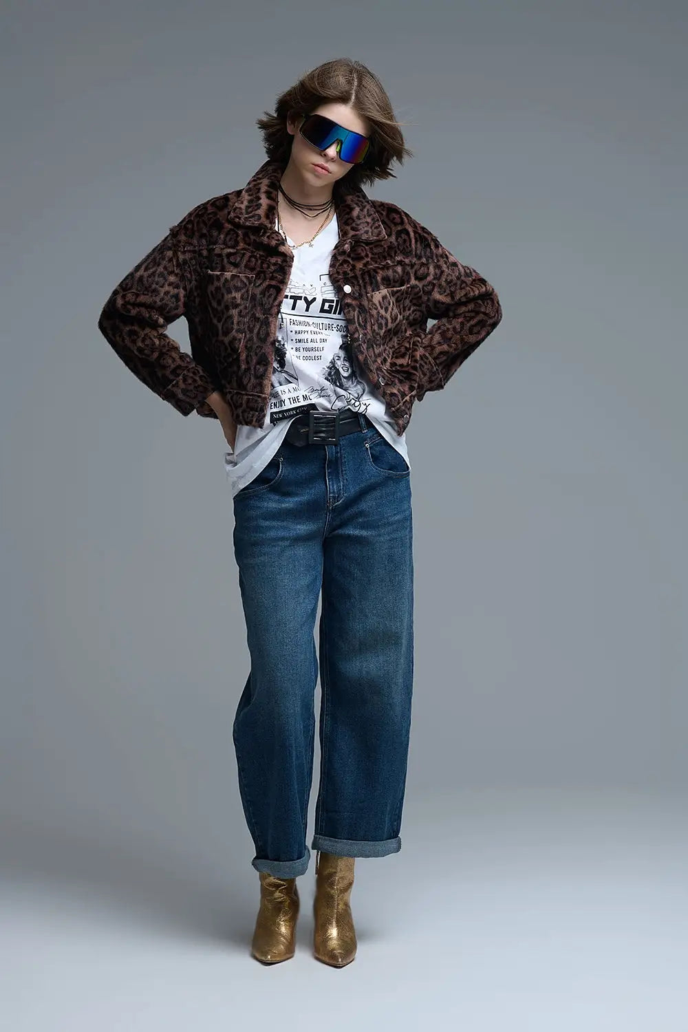 Cropped button-up faux fuzzy jacket in bold leopard print - Jackets