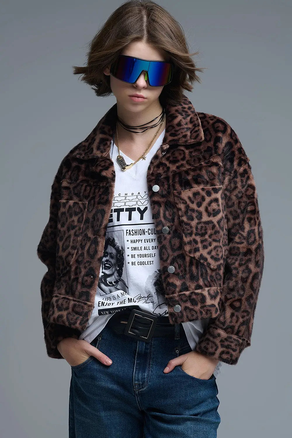 Cropped button-up faux fuzzy jacket in bold leopard print - Jackets
