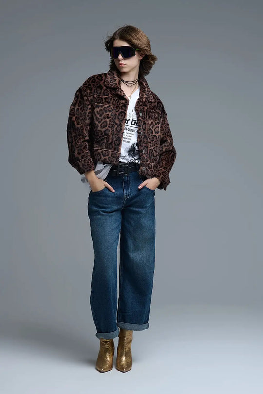 Cropped button-up faux fuzzy jacket in bold leopard print - Jackets