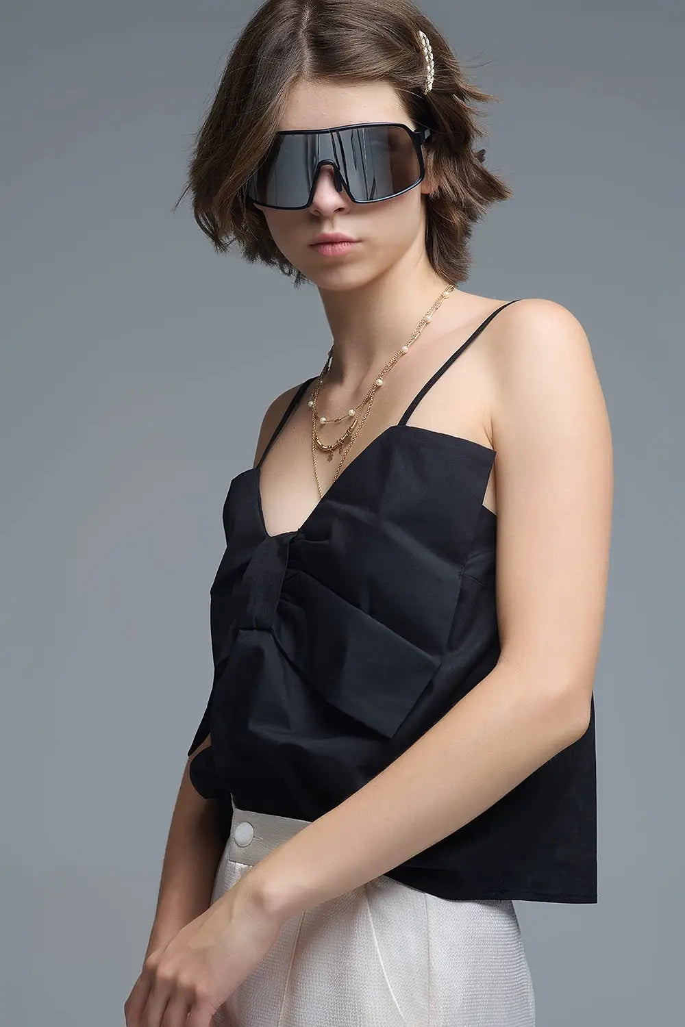 Black poplin crop top with bow detail - Tops