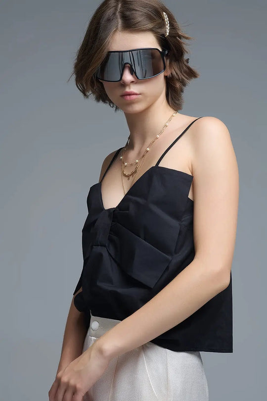 Black poplin crop top with bow detail - Tops