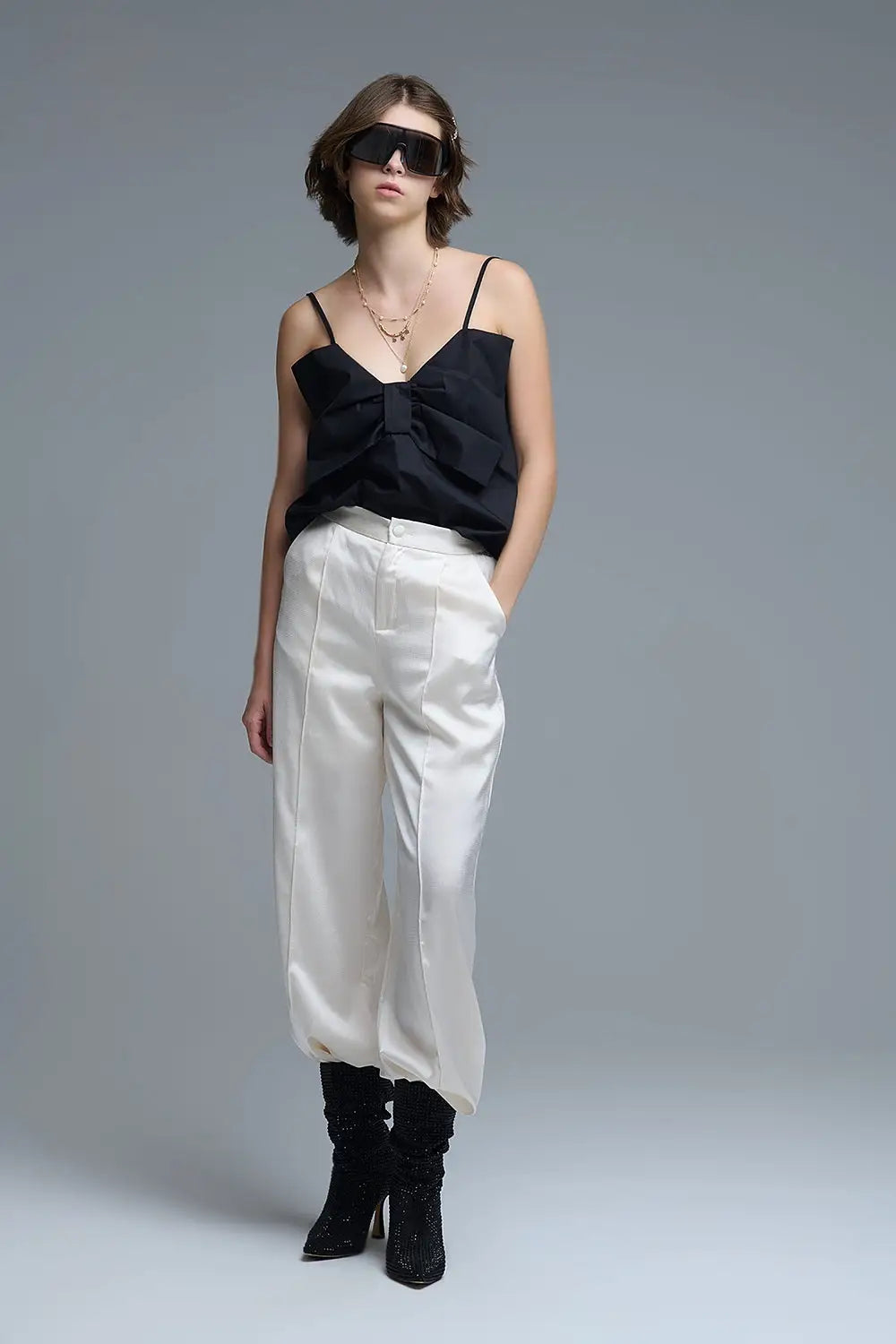 Black poplin crop top with bow detail - Tops