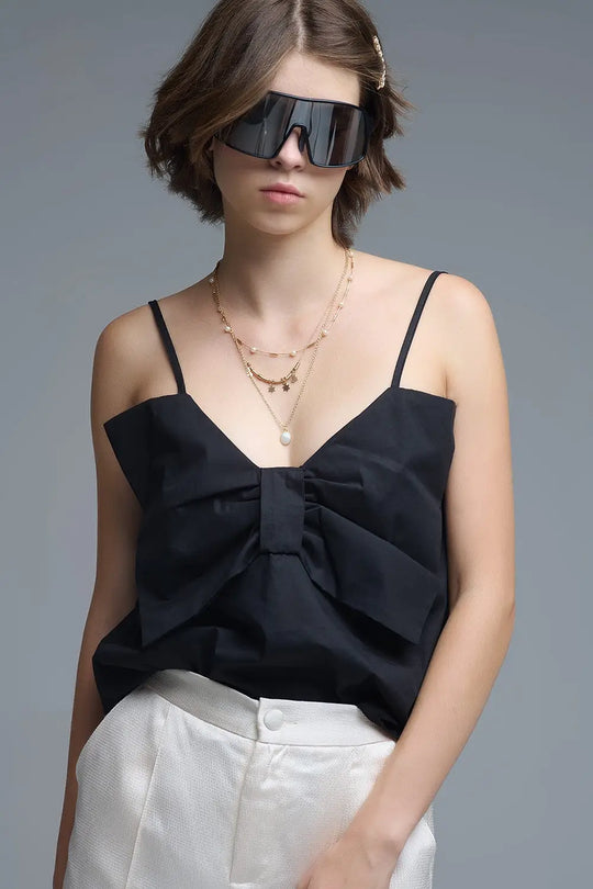 Black poplin crop top with bow detail - Tops
