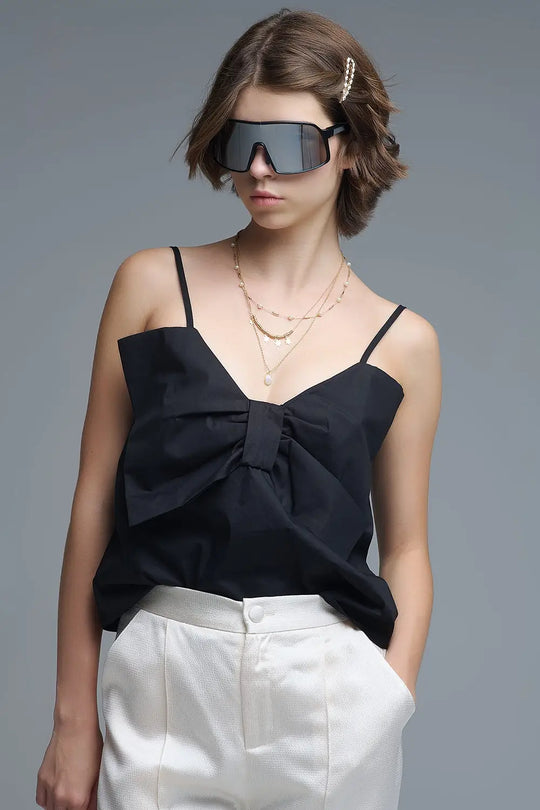 Black poplin crop top with bow detail - Tops