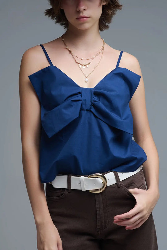 Navy poplin crop top with bow detail - Tops
