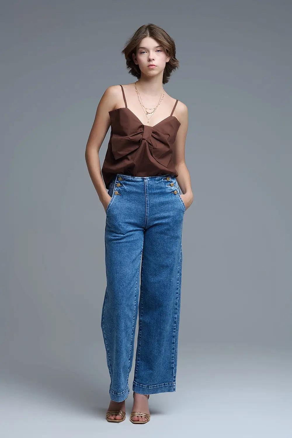 Chocolate Brown poplin crop top with bow detail - Tops