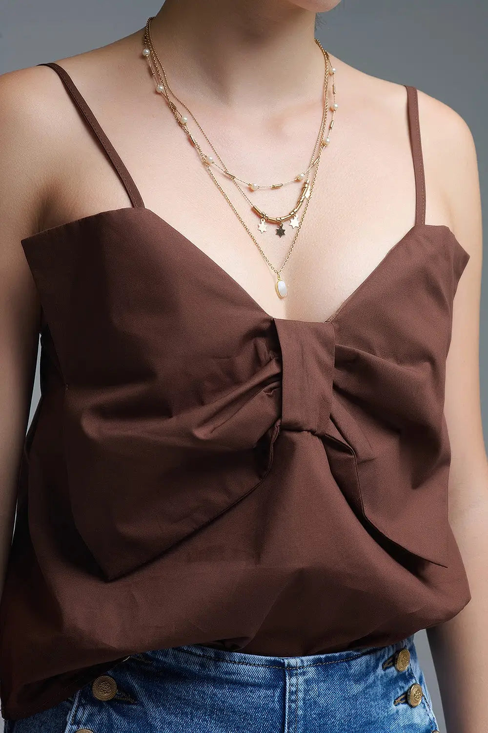 Chocolate Brown poplin crop top with bow detail - Tops