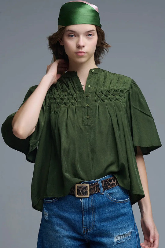 Relaxed Green boho-style blouse with embroidered details - Tops