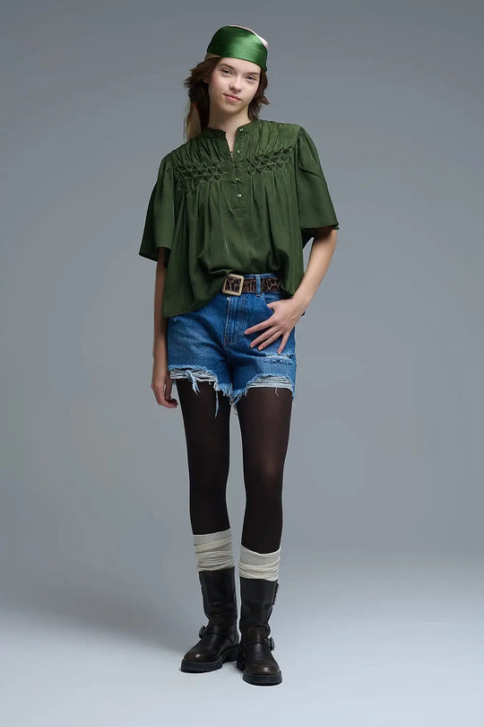 Relaxed Green boho-style blouse with embroidered details - Tops