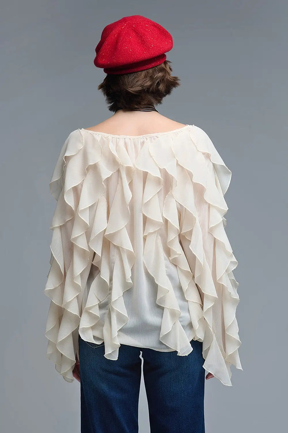 Beige V-Neck All Over Ruffle Blouse - Tops
