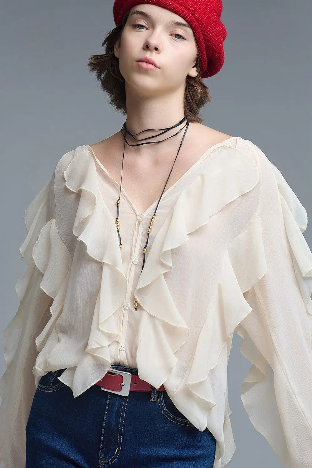 Beige V-Neck All Over Ruffle Blouse - Tops