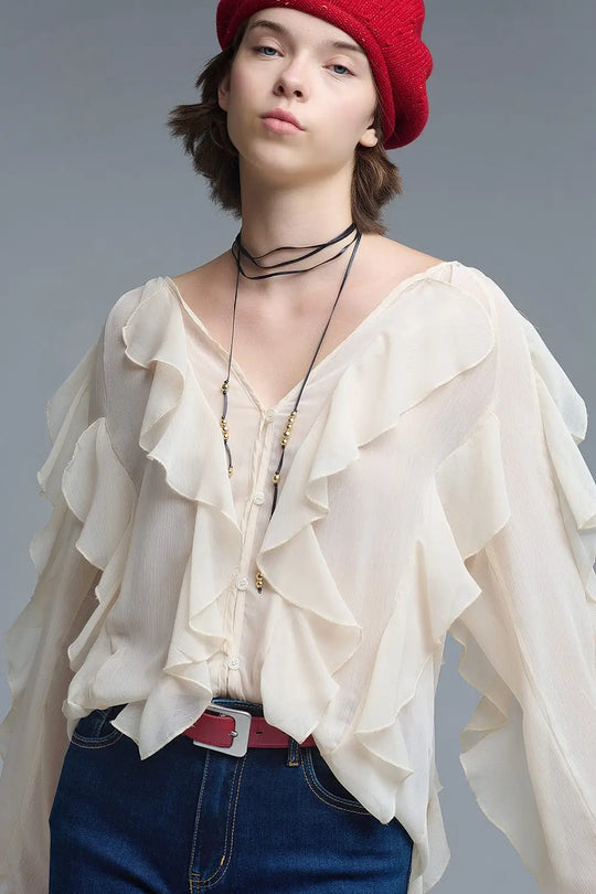 Beige V-Neck All Over Ruffle Blouse - Tops
