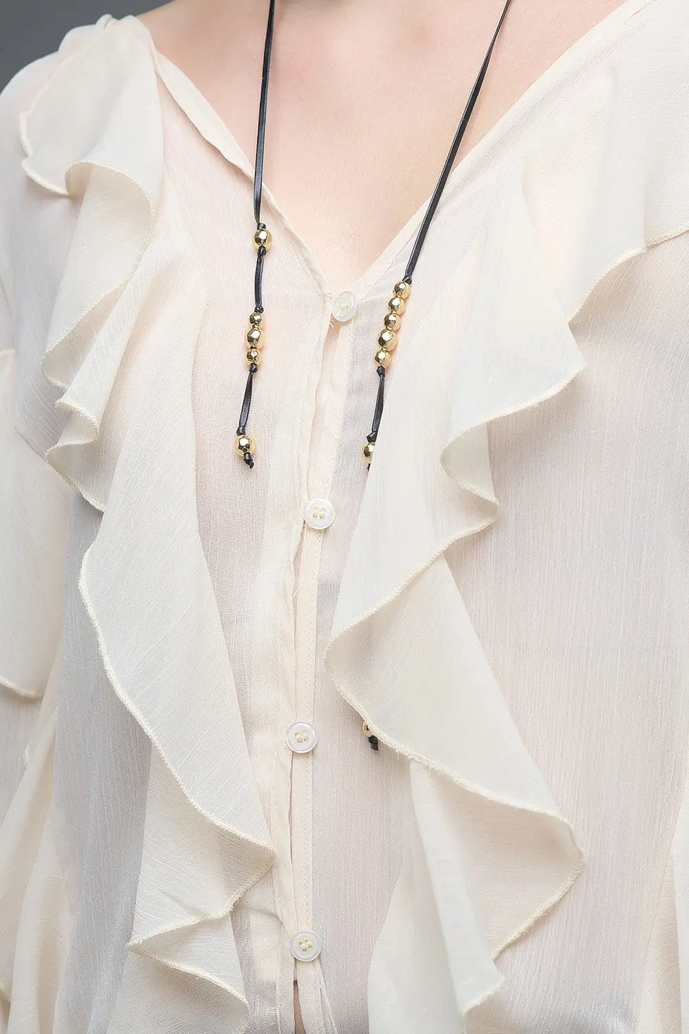 Beige V-Neck All Over Ruffle Blouse - Tops