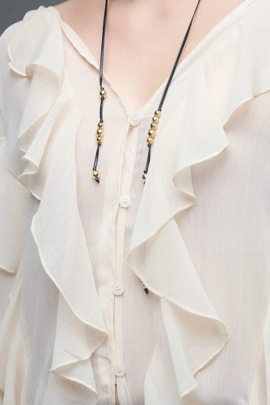 Beige V-Neck All Over Ruffle Blouse - Tops