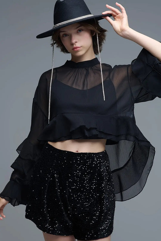 Sheer Cape-style Black Blouse in chiffon With Ruffles - Tops