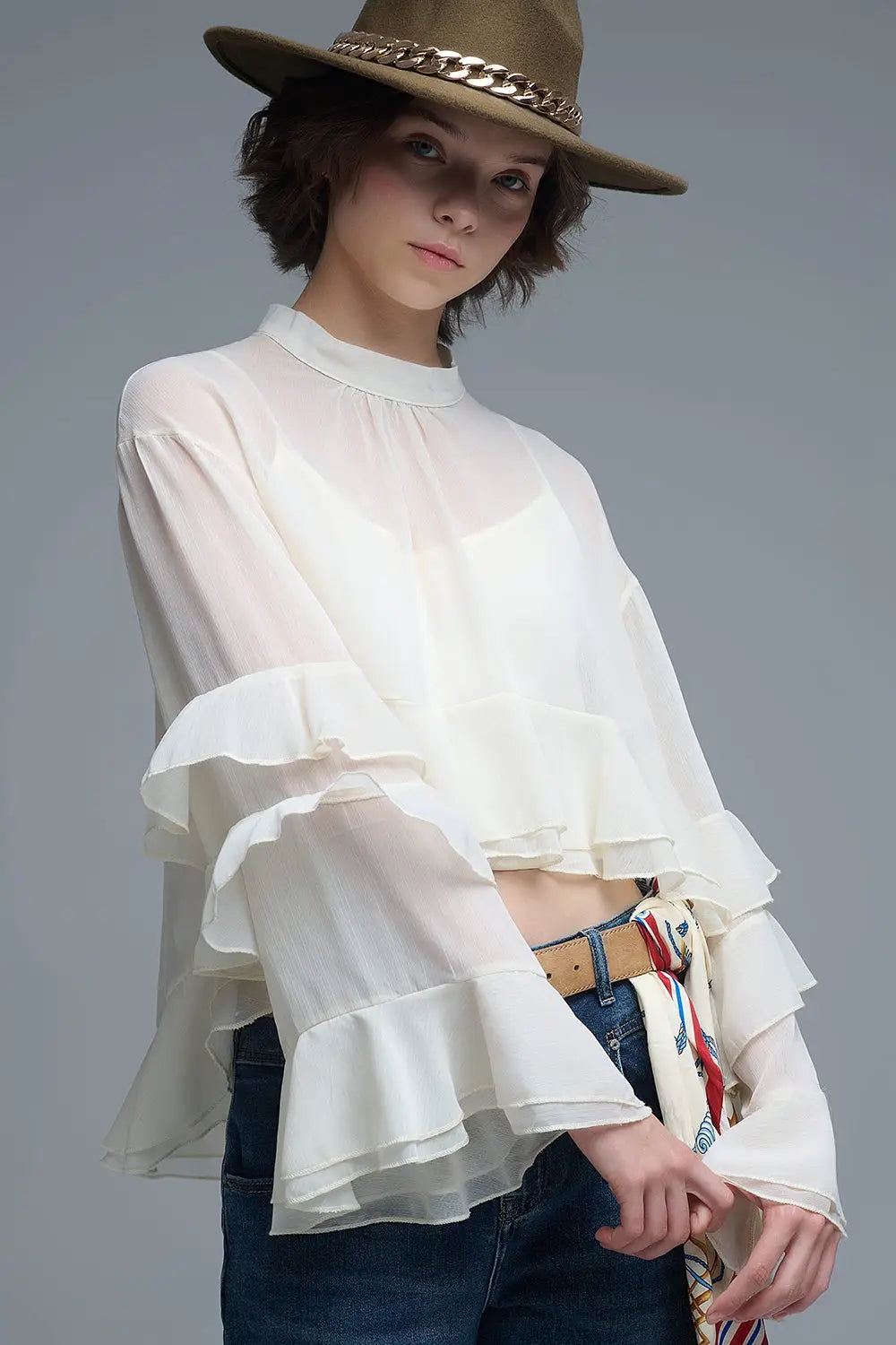 Sheer Cape-style Beige Blouse in chiffon With Ruffles - Shirts